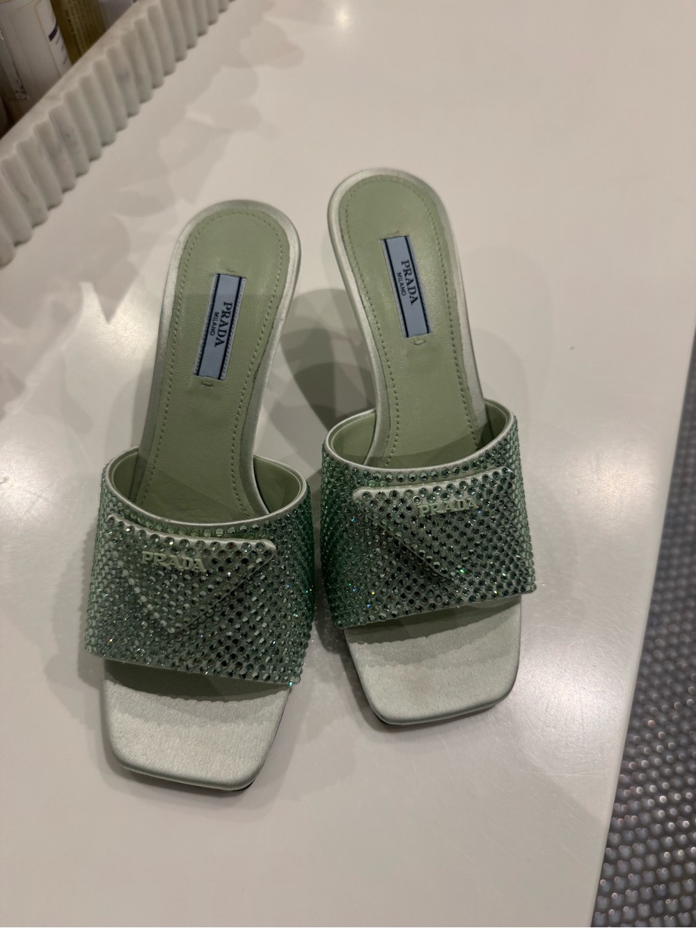 Prada Mint Green Crystal Slide Mules